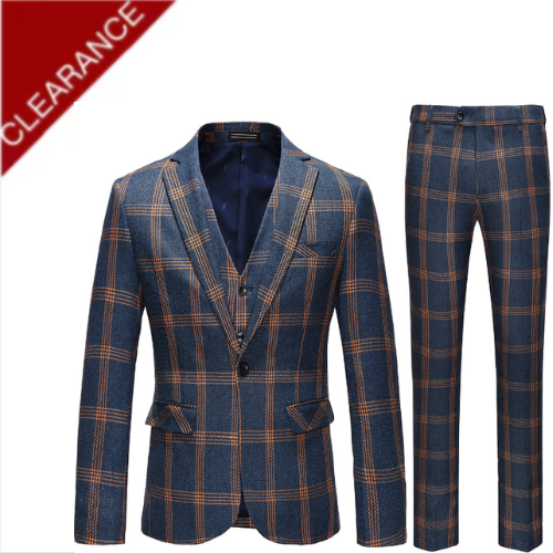 Men's 3-Piece Brown Plaid Design Navy Blue Suit