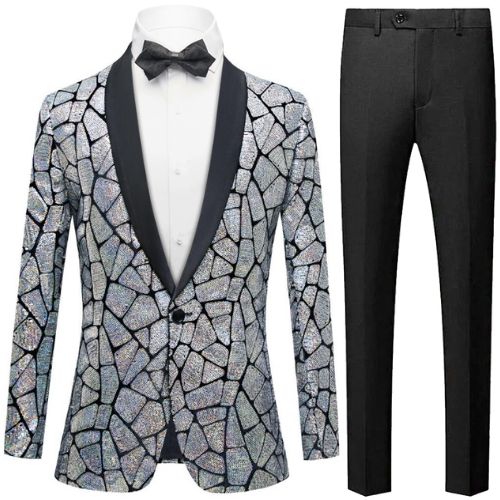 Men's One-Button Striped Sequin Silver Tuxedo