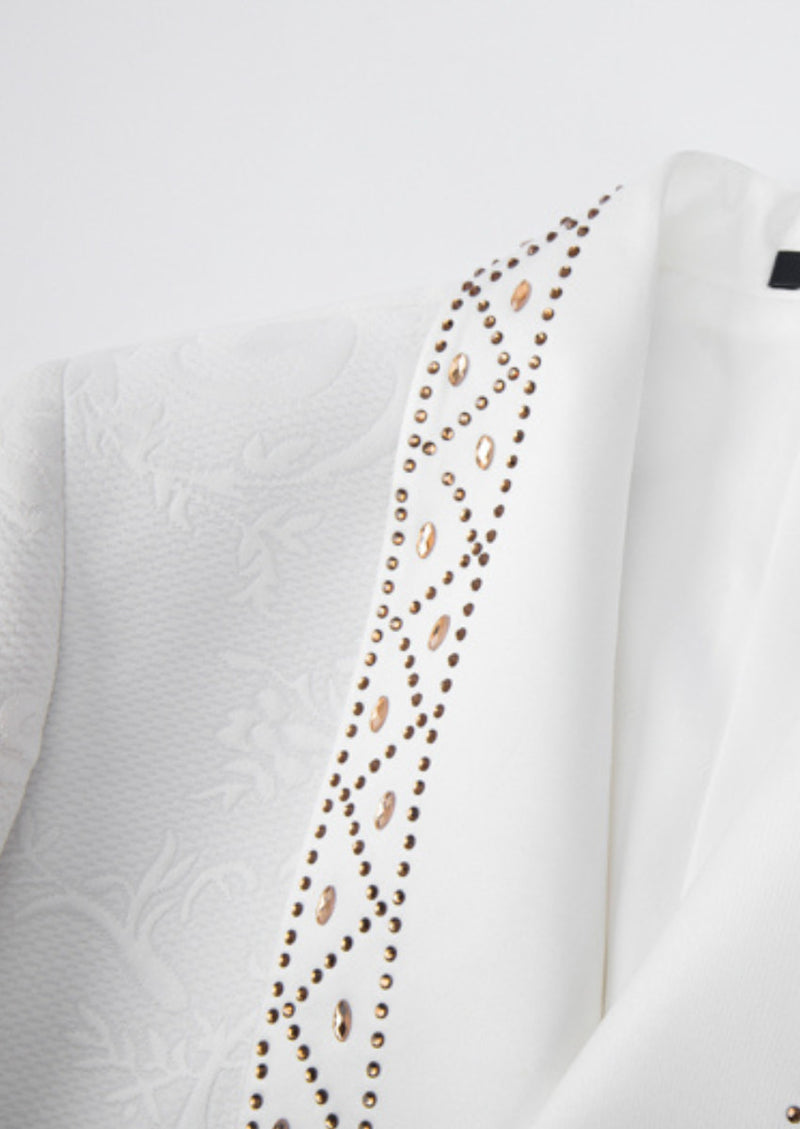 Men’s White 2-Piece Jacquard Embroidered Tuxedo Set with Diamond Shawl Collar