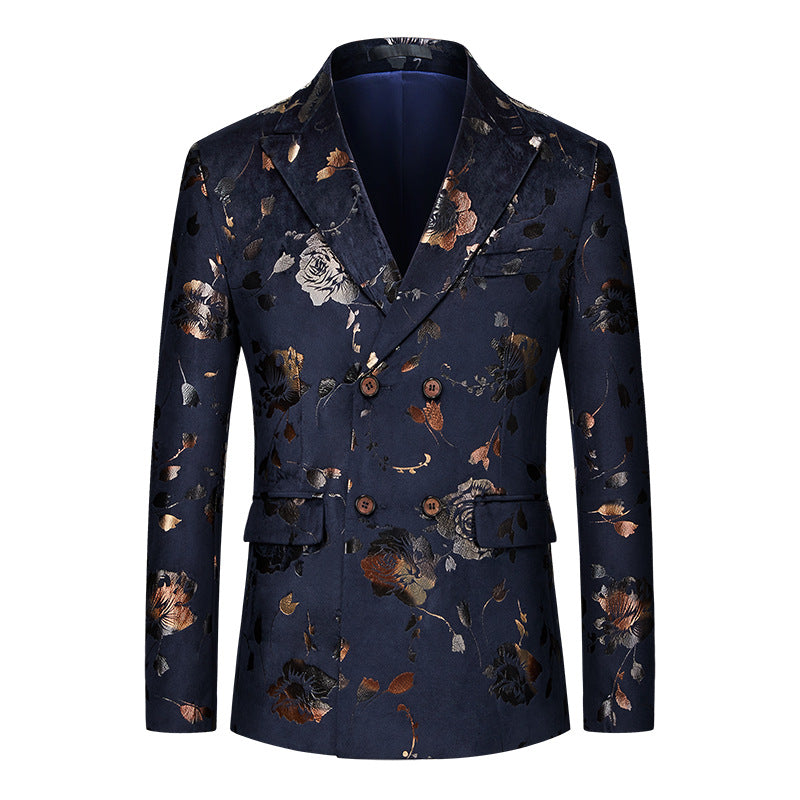 Men's Double-breasted Gold-plated Jacquard Navy Blazer