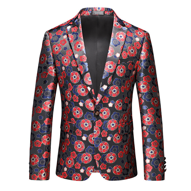 Men's Stylish Flower-Print One-Button Red Blazer