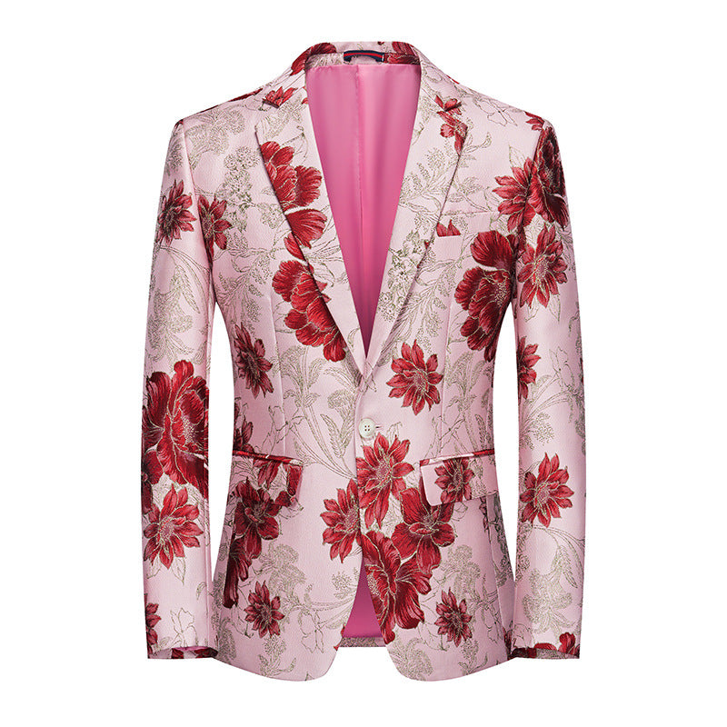 Men's Stylish Large-color Jacquard Single-button Pink Jacket