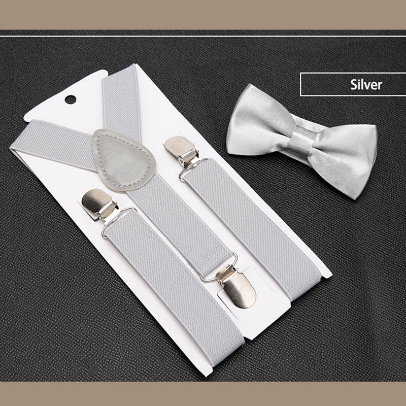 Men's Classic Silver Bow Tie & Suspenders Set