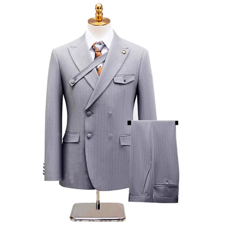 Men's 2-Piece Decorated Striped Casual Silver Suit