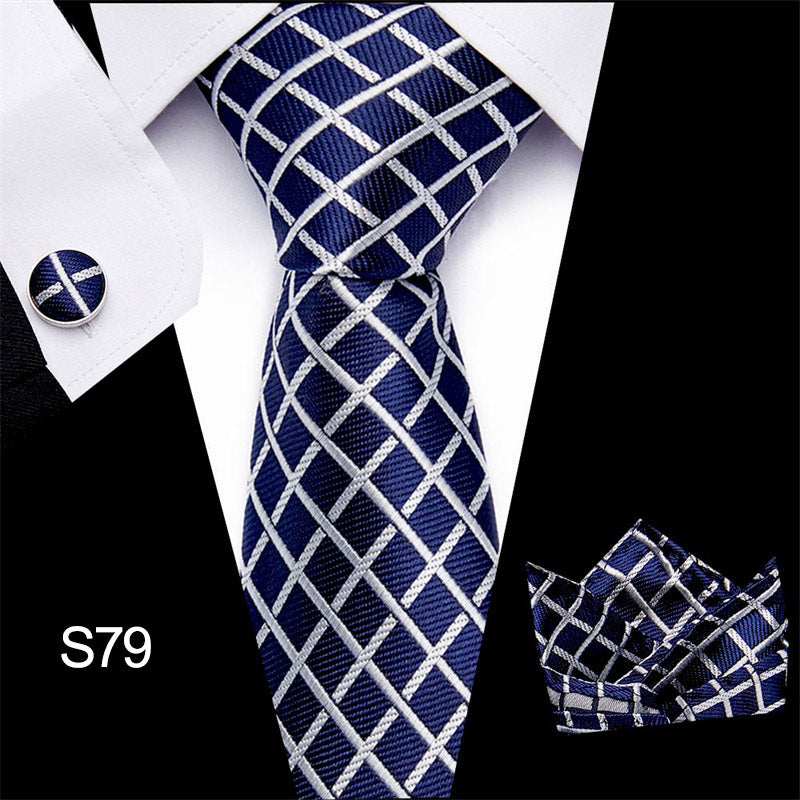 Tie Pocket Square Cufflink Set With Navy Plaid