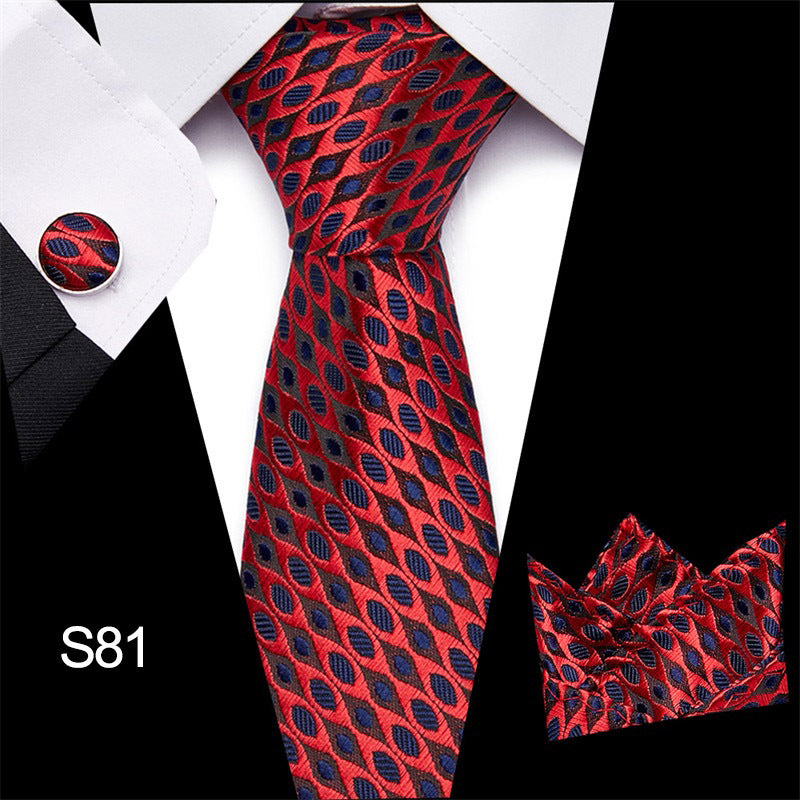 Red Tie Pocket Square Cufflink Set With Navy Wave Point