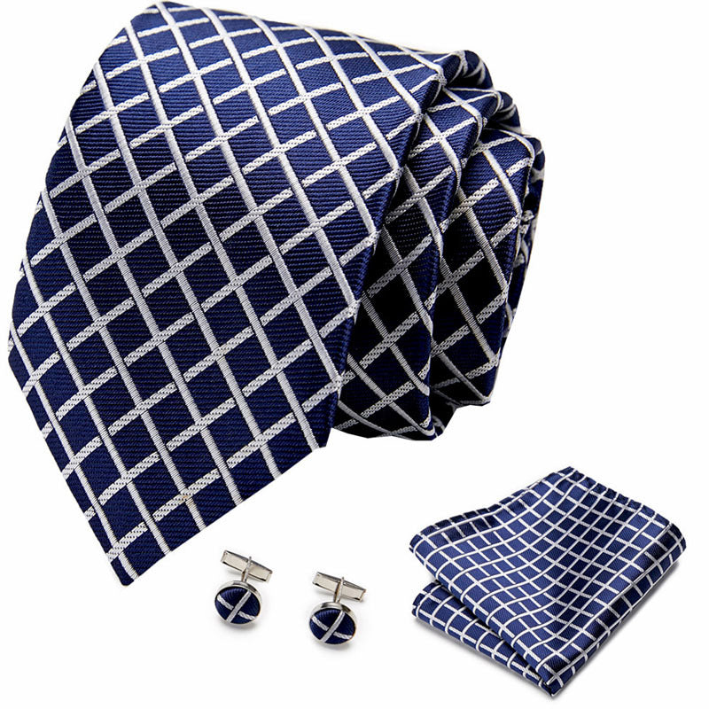 Tie Pocket Square Cufflink Set With Navy Plaid