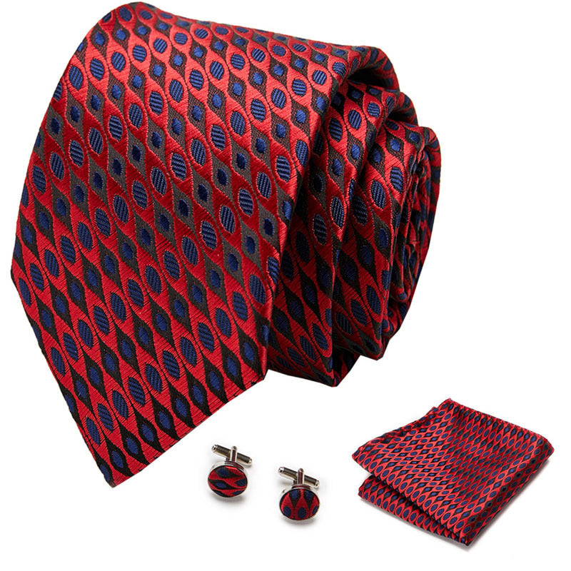 Red Tie Pocket Square Cufflink Set With Navy Wave Point