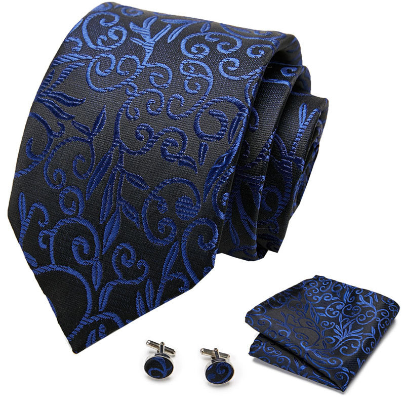 Tie Pocket Square Cufflink Set With Navy Pattern