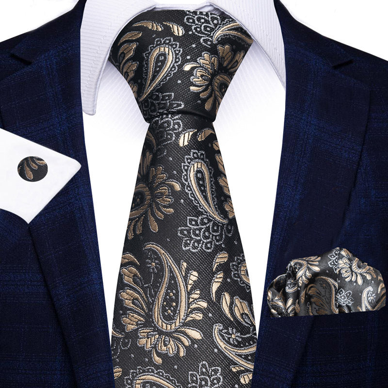 Men's Solid Gold Paisley Tie Pocket Square Cufflinks Combination