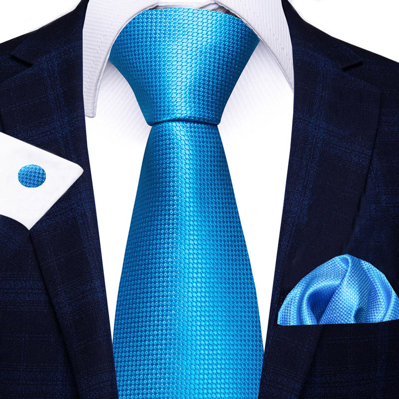 Men's Solid Blue Tie Pocket Square Cufflinks Combination