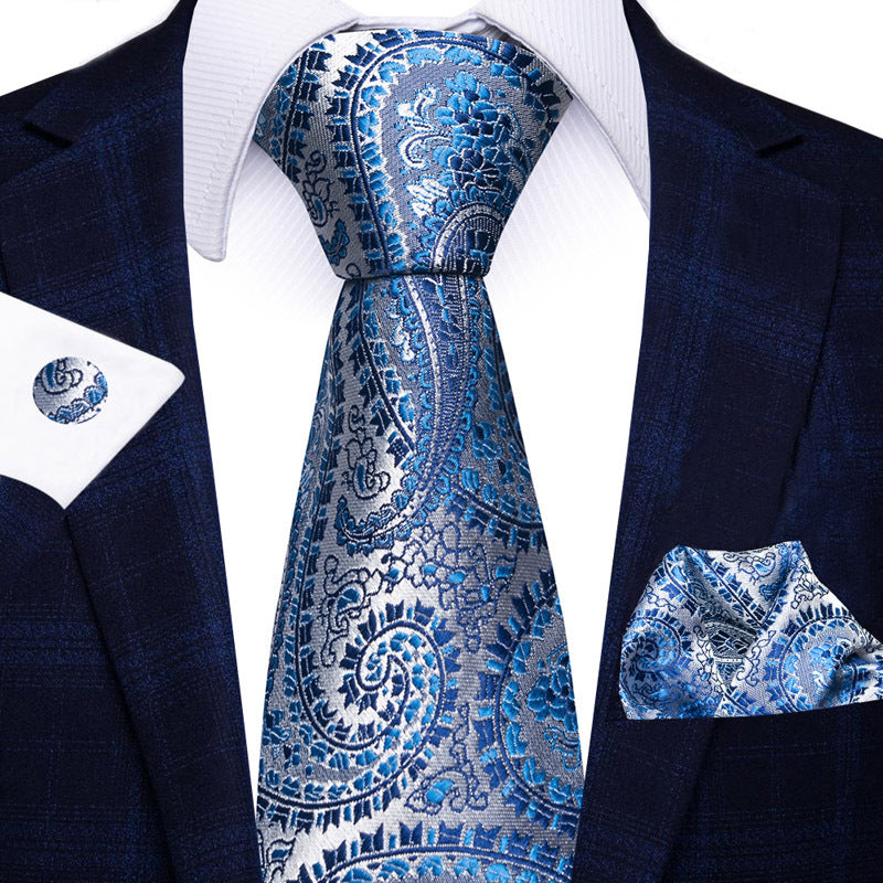 Men's Solid Blue Paisley Tie Pocket Square Cufflinks Combination