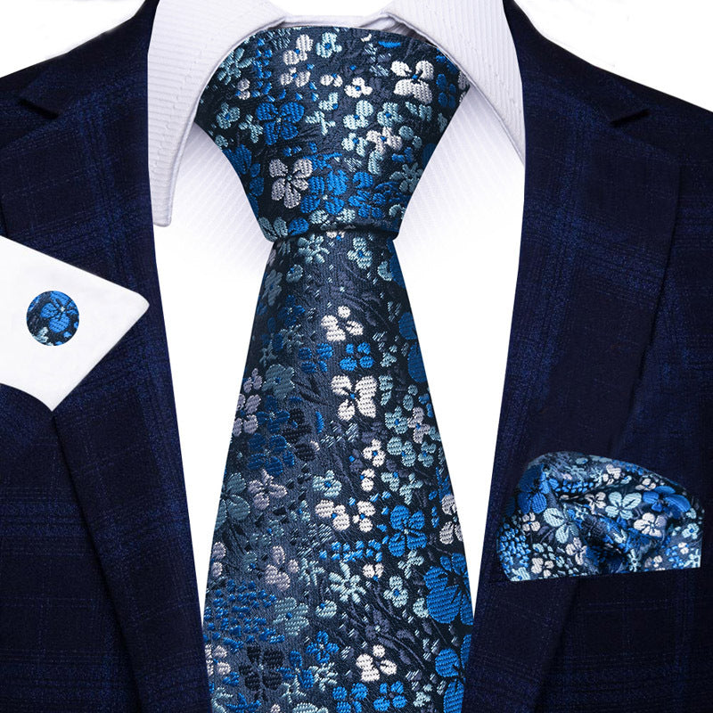 Men's Solid Blue Floral Tie Pocket Square Cufflinks Combination