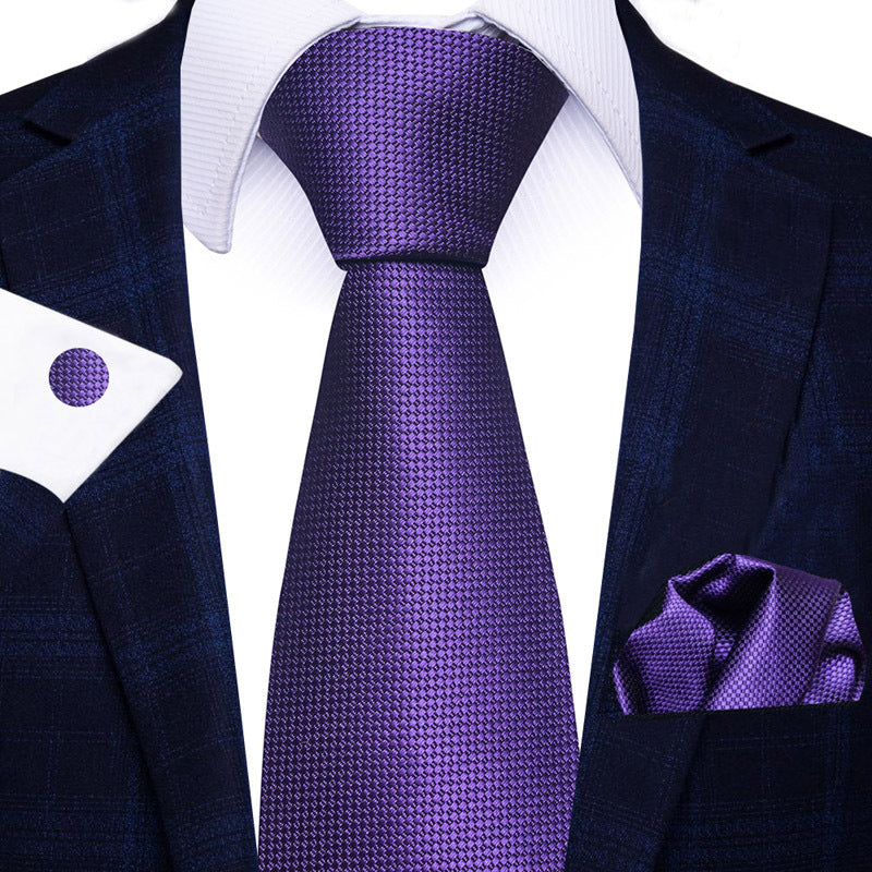 Men's Solid Purple Tie Pocket Square Cufflinks Combination