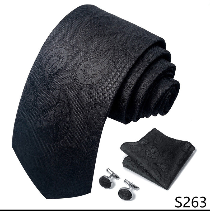 Men's Solid Black Paisley Tie Pocket Square Cufflinks Combination