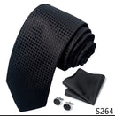 Cravate à carreaux noirs unis pour homme, pochette et boutons de manchette