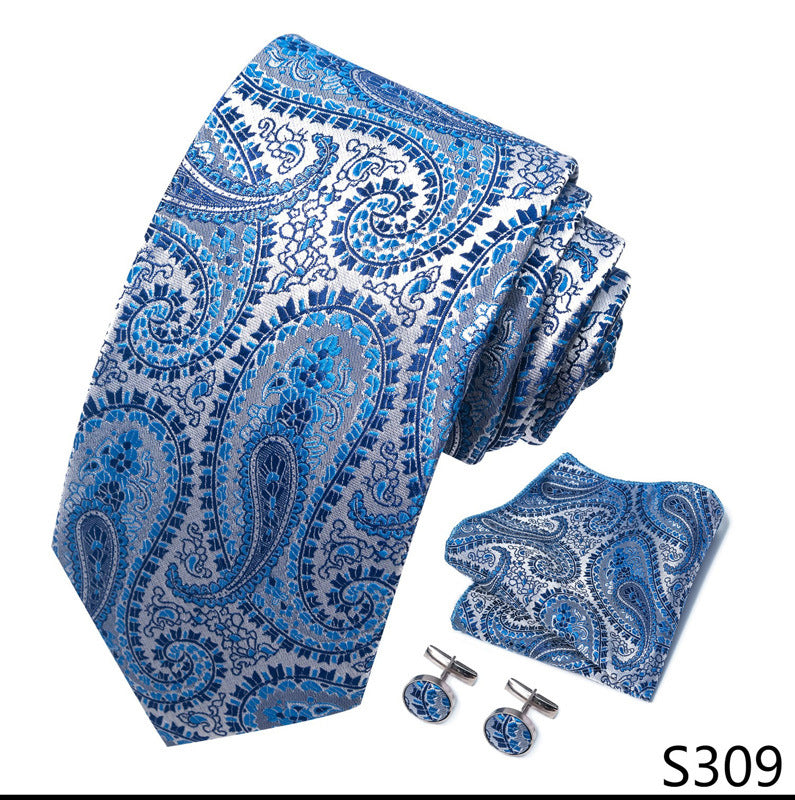 Men's Solid Blue Paisley Tie Pocket Square Cufflinks Combination