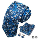 Ensemble cravate et boutons de manchette bleus unis à motif floral pour homme