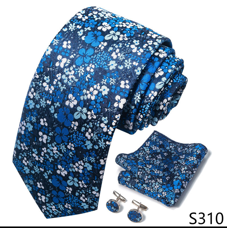 Men's Solid Blue Floral Tie Pocket Square Cufflinks Combination