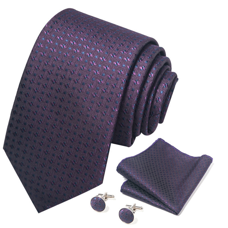 Men's Solid Dark Purple Tie Pocket Square Cufflinks Combination