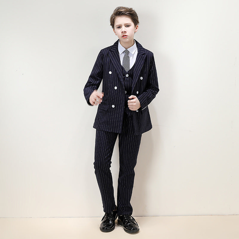 Boy's 3-Piece Double-breasted Striped Navy Dress Suit