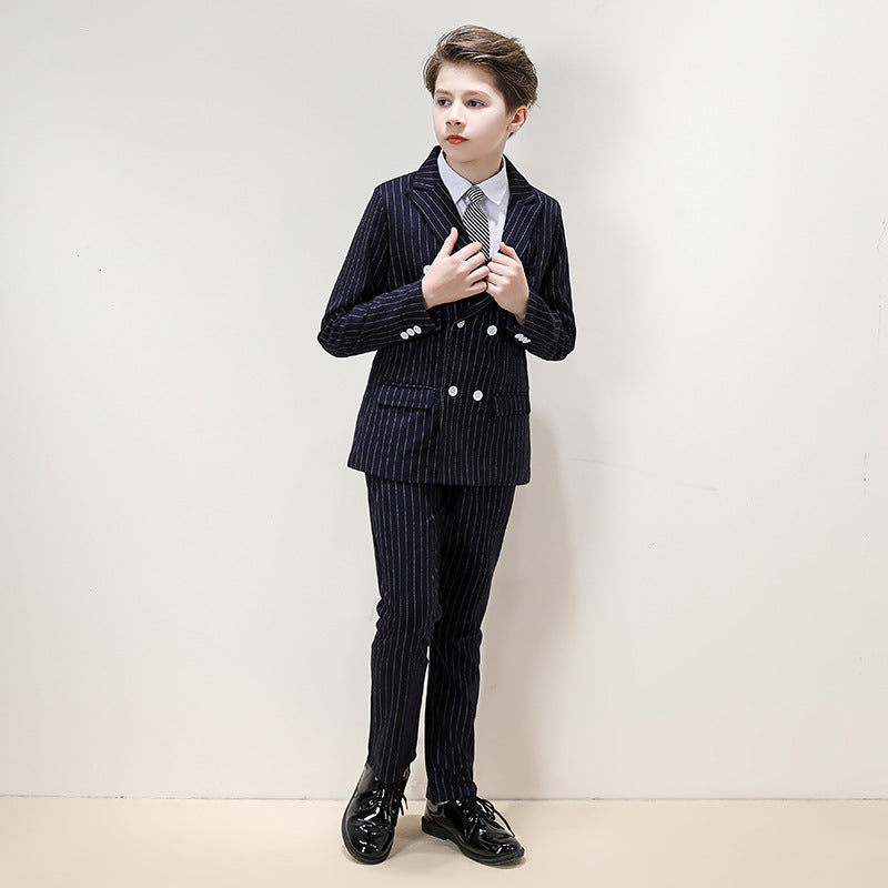 Boy's 3-Piece Double-breasted Striped Navy Dress Suit