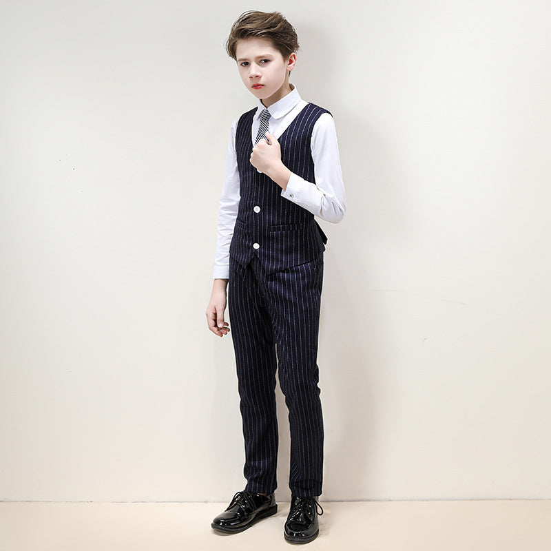 Boy's 3-Piece Double-breasted Striped Navy Dress Suit