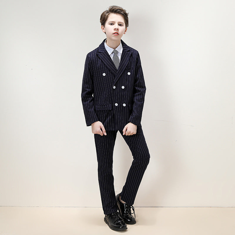 Boy's 3-Piece Double-breasted Striped Navy Dress Suit