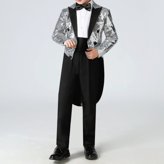 Boy's Silver Sequined Tuxedo 2-Piece Gown