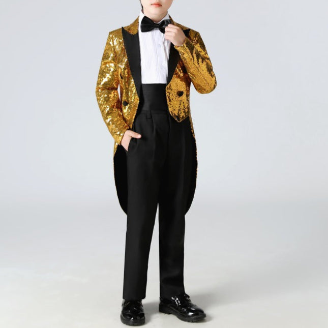 Boy's Gold Sequined Tuxedo 2-Piece Gown