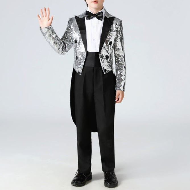 Boy's Silver Sequined Tuxedo 2-Piece Gown