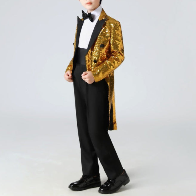 Boy's Gold Sequined Tuxedo 2-Piece Gown