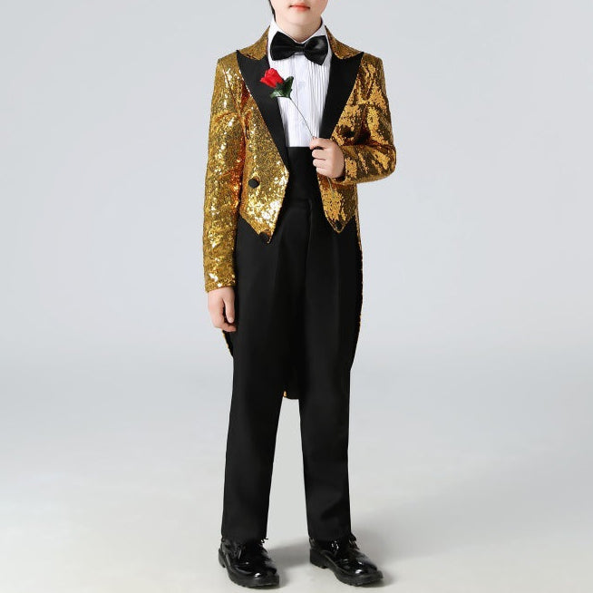 Boy's Gold Sequined Tuxedo 2-Piece Gown