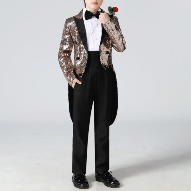 Boy's Brown Sequined Tuxedo 2-Piece Gown