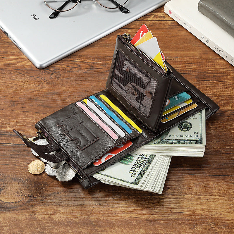 Genuine Leather RFID Zipper Brown Wallet for Men