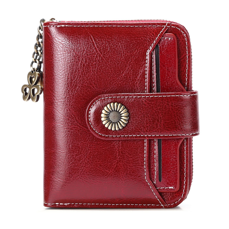 Genuine Leather Mini Red Wallet with Zipper & ID Holder