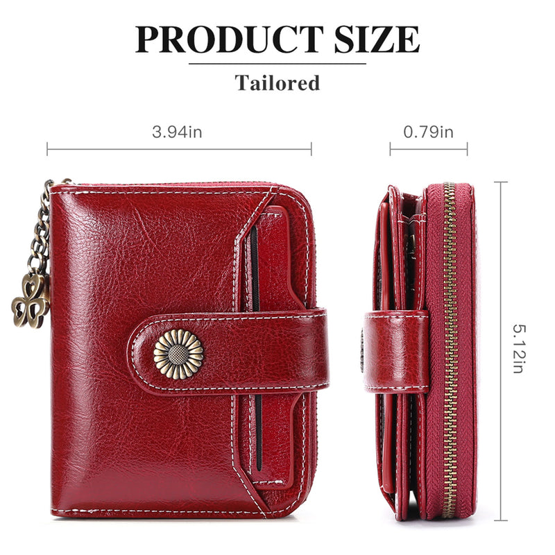 Genuine Leather Mini Red Wallet with Zipper & ID Holder