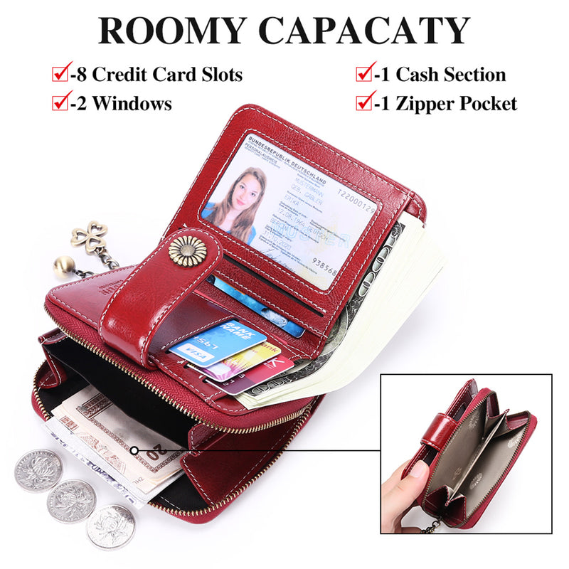 Genuine Leather Mini Red Wallet with Zipper & ID Holder