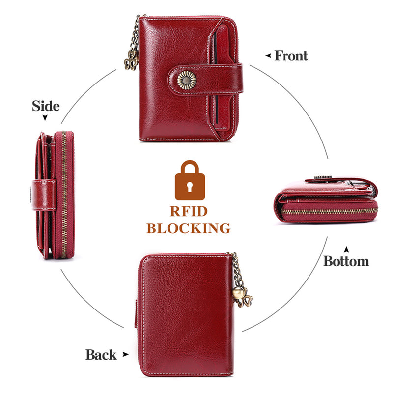 Genuine Leather Mini Red Wallet with Zipper & ID Holder