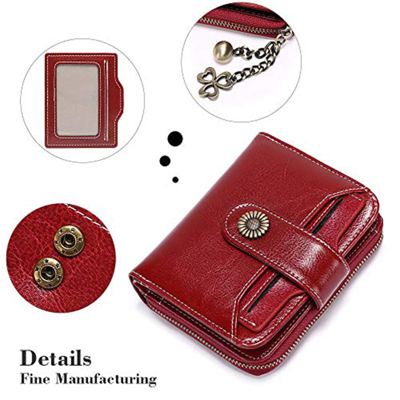 Genuine Leather Mini Red Wallet with Zipper & ID Holder