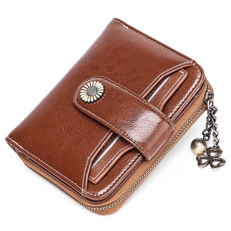 Genuine Leather Mini Brown Wallet with Zipper & ID Holder
