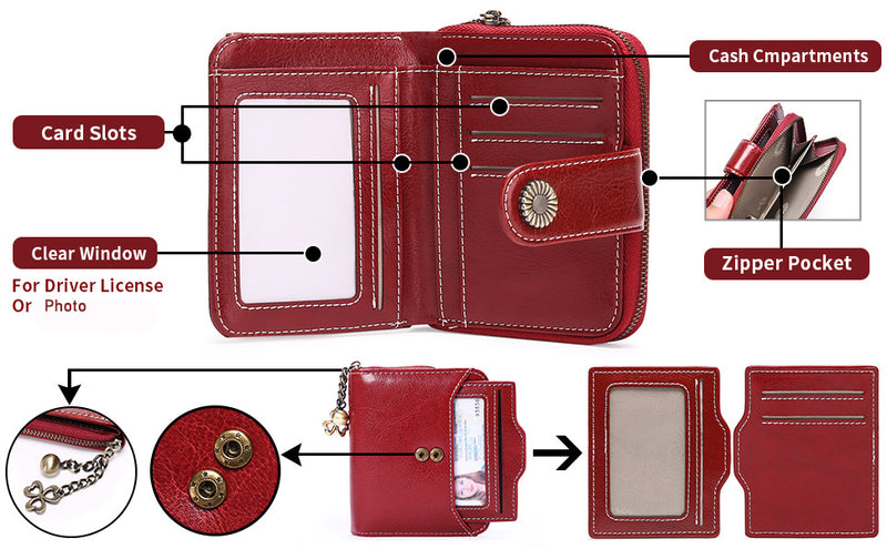 Genuine Leather Mini Red Wallet with Zipper & ID Holder