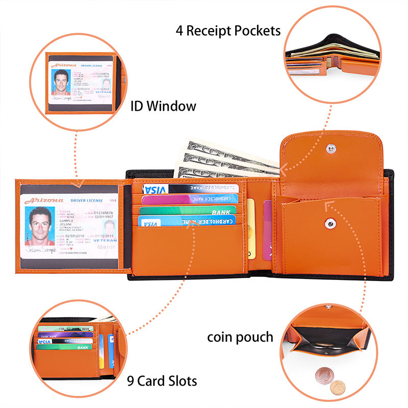 Men’s Genuine Leather Trifold Wallet with RFID Blocking & Coin Pocket