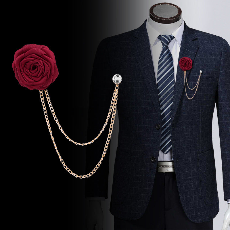 Men‘s Handmade Rose Lapel Brooch with Tassel Chain in 21 Colors