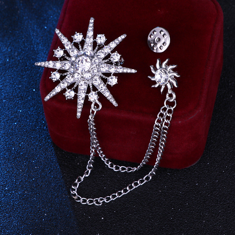 Fringed Star Brooch with Long Tassel Chain Sparkling Lapel Pin for Suit Hat Shirt or Tie