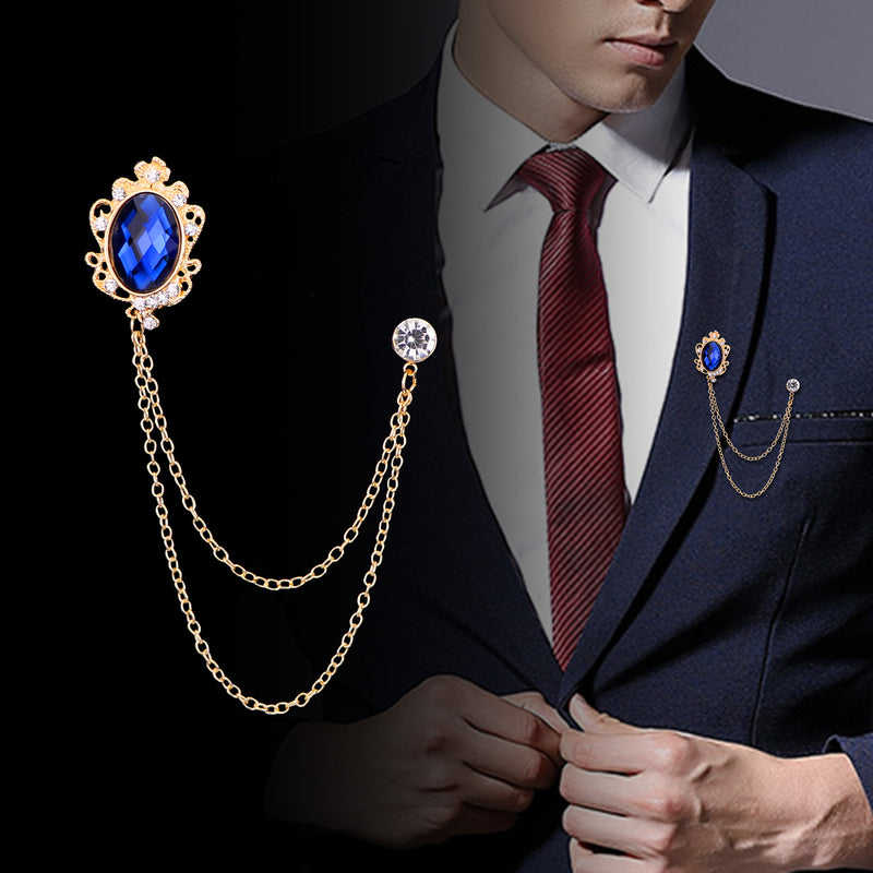 Tuxedo Action Men's Hanging Chain Brooch Gem Lapel Pin Set for Shirt Tie Suit and Hat, Silver with Sapphire