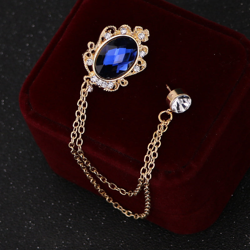 Men's Hanging Chain Brooch Gem Lapel Pin Set for Shirt Tie Suit and Hat