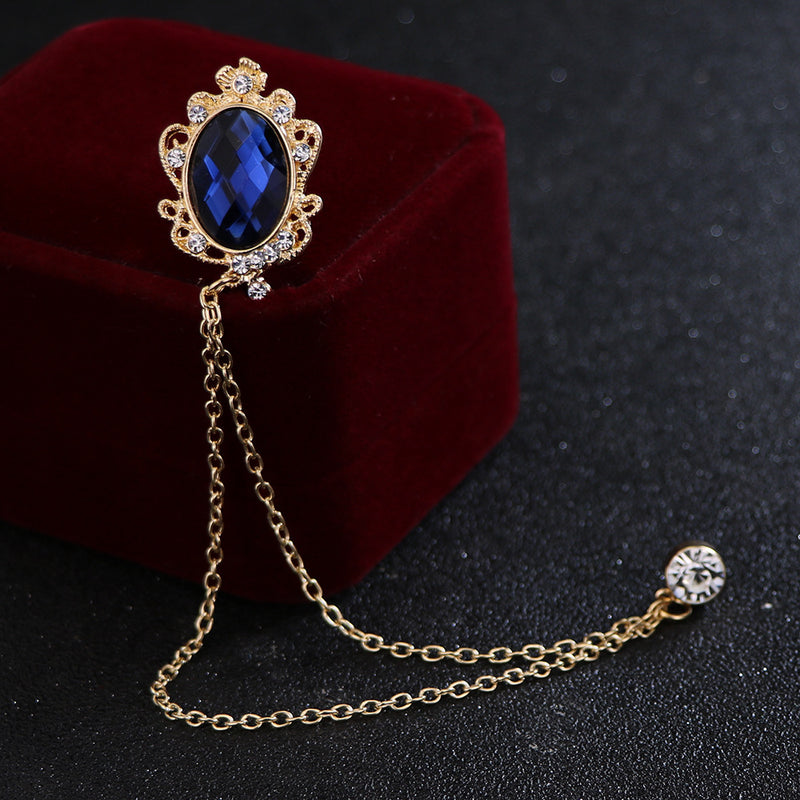 Men's Hanging Chain Brooch Gem Lapel Pin Set for Shirt Tie Suit and Hat