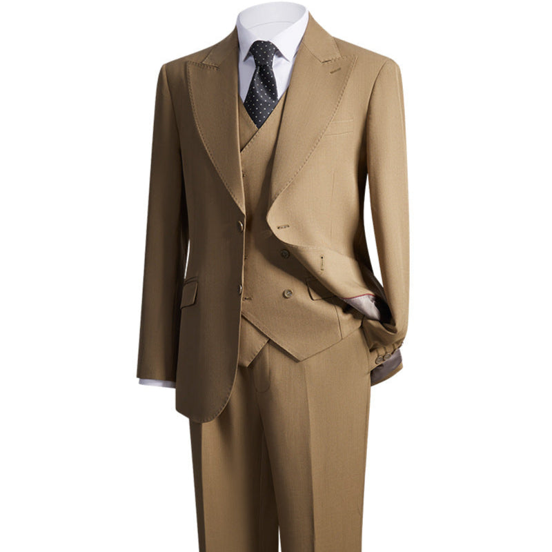 Men's Peak Lapel 3-piece Barge Collar Brown  Suit