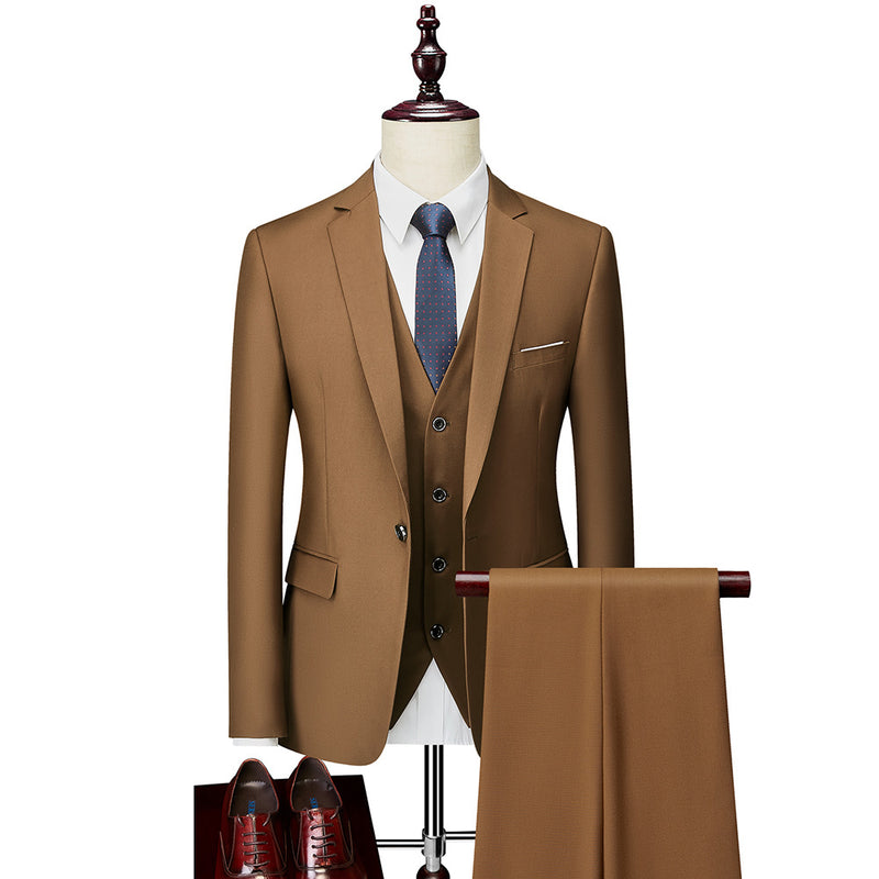 Men's 3-Piece Stylish One Button Brown Suit